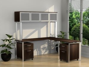 Inspire 71" x 78" Left or Right Extended L-Shaped Work Station with Mounted Wall Hutch and Pedestals - Various Colors