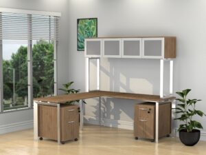 Inspire 60" x 78" Left or Right Extended L-Shaped Work Station with Mounted Wall Hutch and Pedestals - Various colors